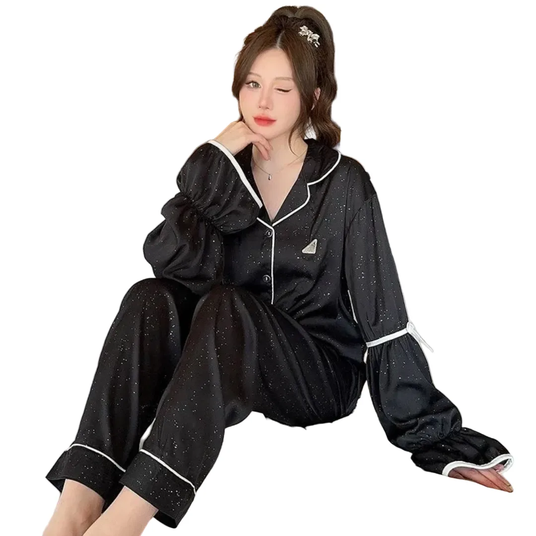 Korean Aesthetic Black Satin Lounge Set – 2 Piece